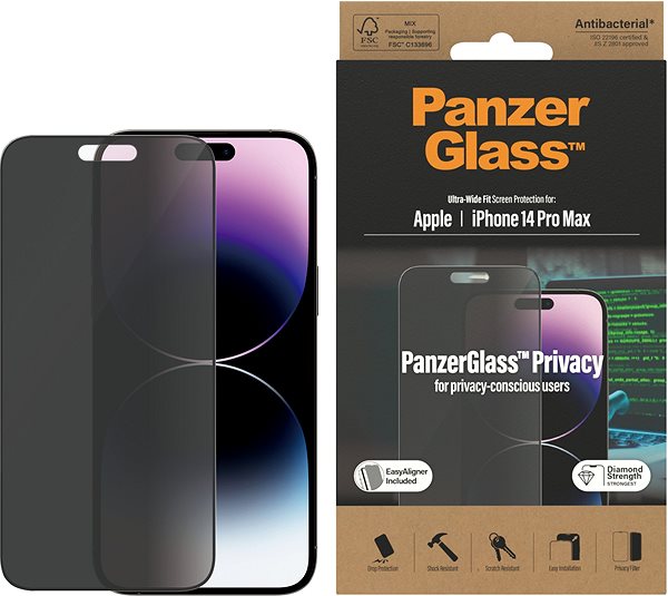 Üvegfólia PanzerGlass Privacy Apple iPhone 14 Pro Max üvegfólia + felhelyező keret ...
