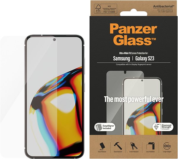 Üvegfólia PanzerGlass Samsung Galaxy S23 üvegfólia - teljes felületű ragasztás, ujjlenyomat-olvasó támogatás + felhelyező keret ...