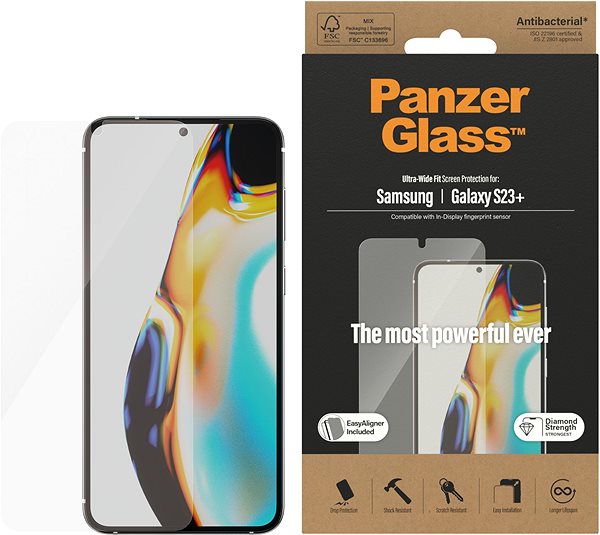 Üvegfólia PanzerGlass Samsung Galaxy S23+ üvegfólia - teljes felületű ragasztás, ujjlenyomat-olvasó támogatás + felhelyező keret ...