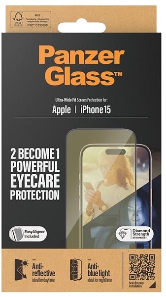 Üvegfólia PanzerGlass Apple iPhone 15 üvegfólia - AntiBlue, tükröződésmentes + felhelyező keret ...