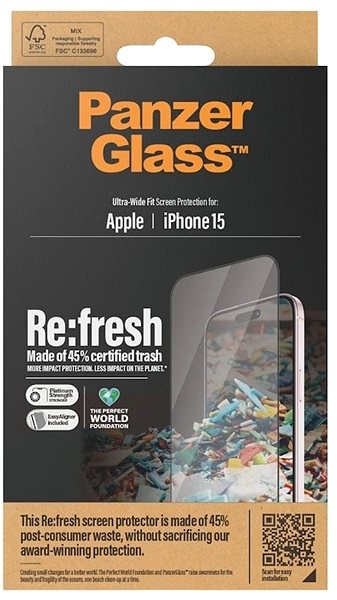 Ochranné sklo PanzerGlass Recycled Glass Apple iPhone 15 s inštalačným rámčekom ...