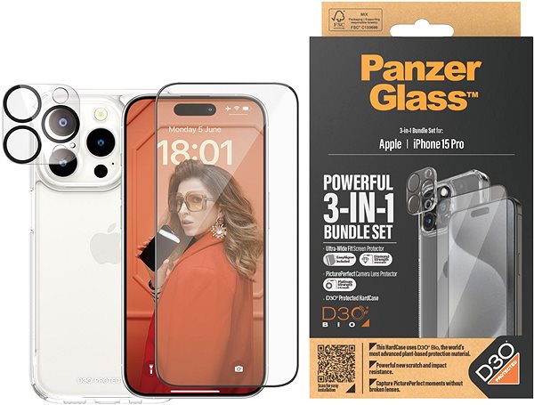 Üvegfólia PanzerGlass csomag 3 az 1-ben Apple iPhone 15 Pro (PG üveg + HardCase D30 + Camera Protector) ...