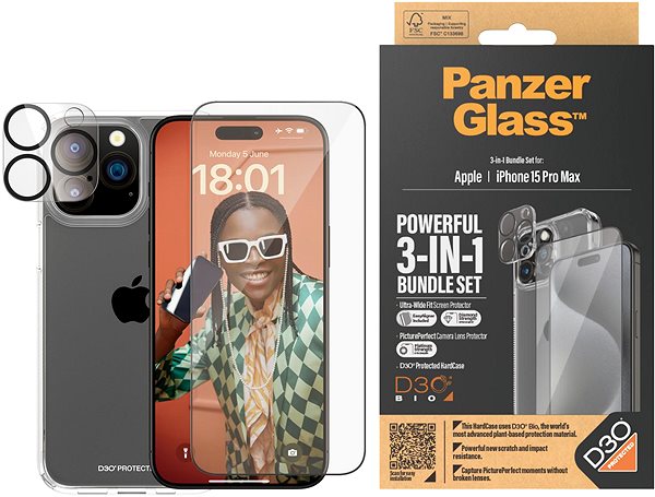 Üvegfólia PanzerGlass Bundle 3 az 1-ben Apple iPhone 15 Pro Max (PG üveg + Hard Case D30 + Camera Protector) ...