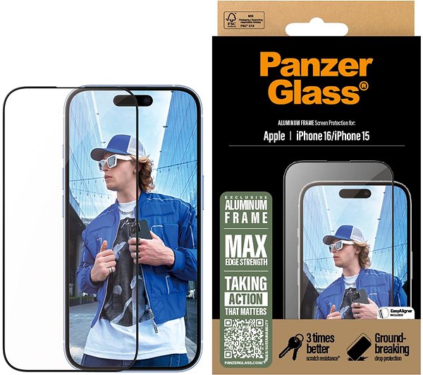 Glass Screen Protector PanzerGlass Aluminum Apple iPhone 16/15 with installation frame ...