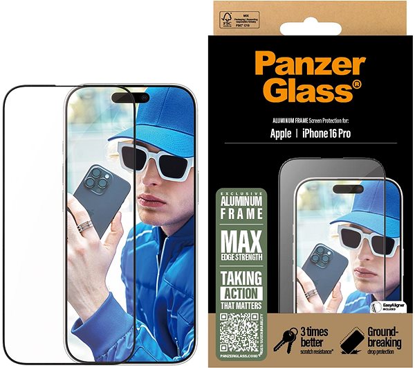 Glass Screen Protector PanzerGlass Aluminum Apple iPhone 16 Pro with installation frame ...