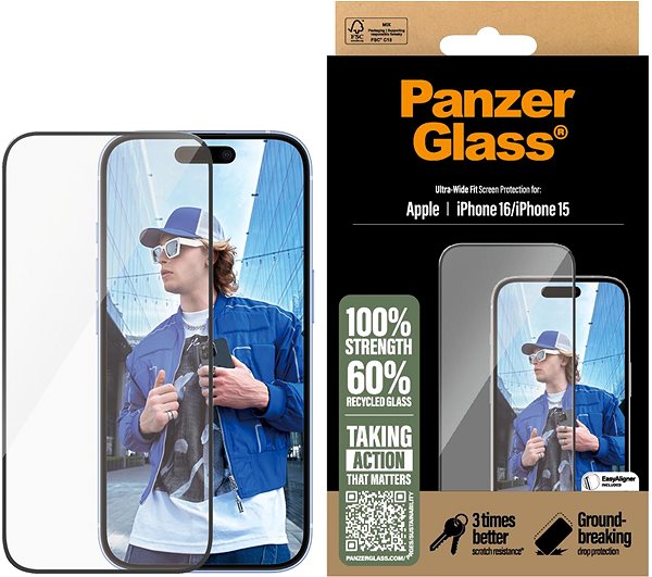 Glass Screen Protector PanzerGlass Apple iPhone 16/15 with installation frame ...