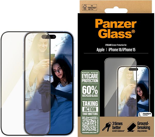 Glass Screen Protector PanzerGlass EyeCare Apple iPhone 16/15 with installation frame ...