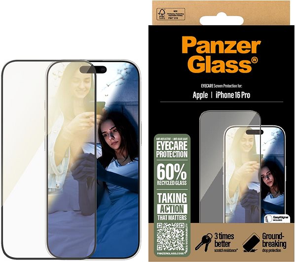 Glass Screen Protector PanzerGlass EyeCare Apple iPhone 16 Pro with installation frame ...