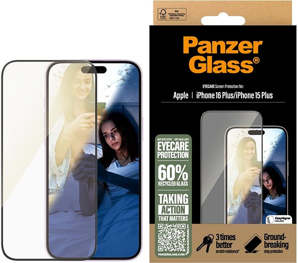 Glass Screen Protector PanzerGlass EyeCare Apple iPhone 16 Plus/15 Plus with installation frame ...