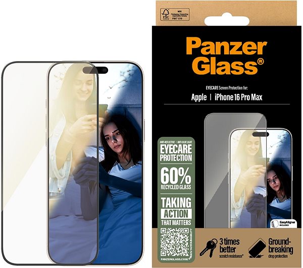 Glass Screen Protector PanzerGlass EyeCare Apple iPhone 16 Pro Max with installation frame ...