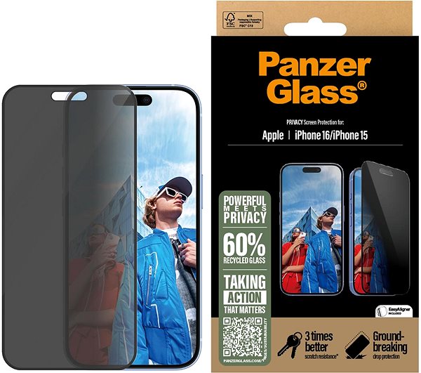 Glass Screen Protector PanzerGlass Privacy Apple iPhone 16/15 with installation frame ...