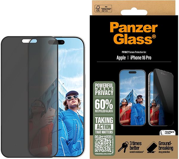 Glass Screen Protector PanzerGlass Privacy Apple iPhone 16 Pro with installation frame ...