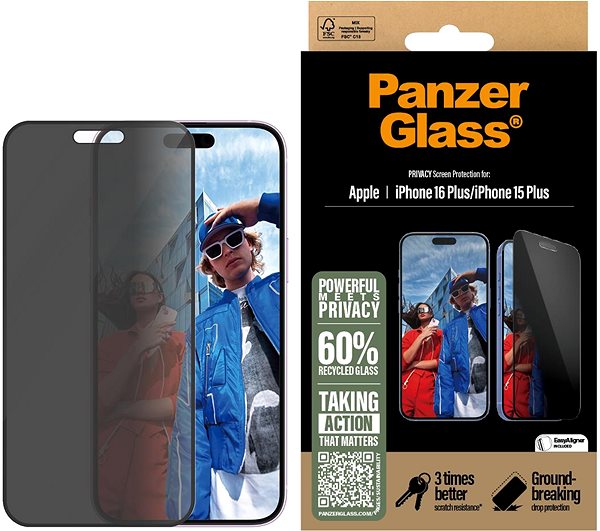 Glass Screen Protector PanzerGlass Privacy Apple iPhone 16 Plus/15 Plus with installation frame ...