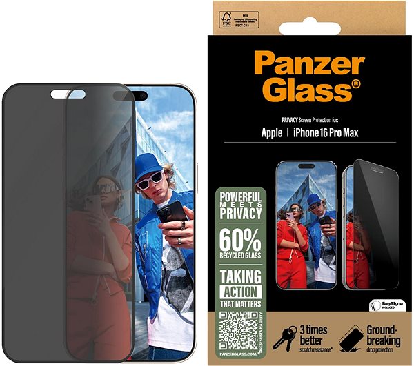 Glass Screen Protector PanzerGlass Privacy Apple iPhone 16 Pro Max with installation frame ...