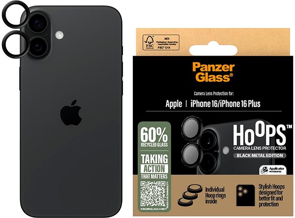Glass Screen Protector PanzerGlass HoOps Apple iPhone 16/16 Plus black aluminum ...