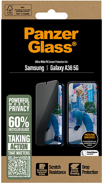 Glass Screen Protector PanzerGlass Privacy Samsung Galaxy A36 5G with installation frame ...
