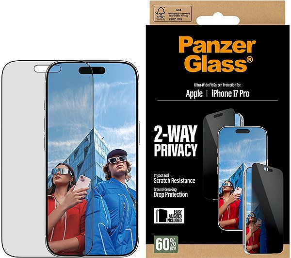 Glass Screen Protector PanzerGlass Privacy Apple iPhone 17 Pro with installation frame ...
