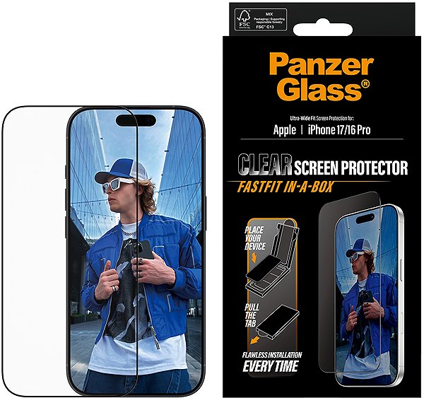 Glass Screen Protector PanzerGlass Apple iPhone 17/16 Pro with dust-free application box ...