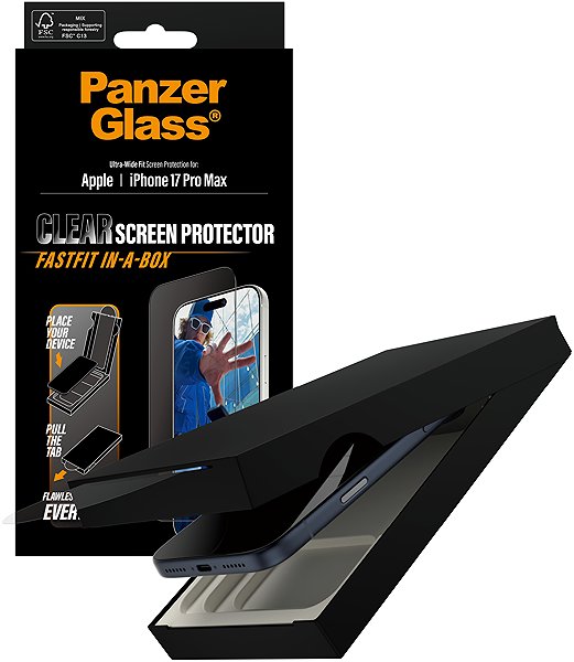 Glass Screen Protector PanzerGlass Apple iPhone 17 Pro Max with dust-free application box ...