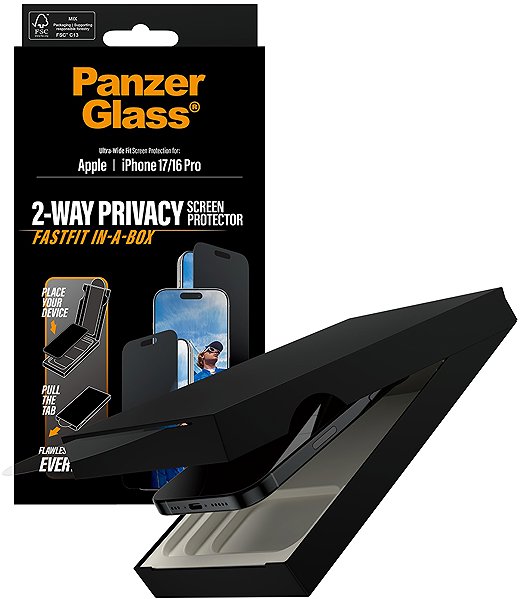 Glass Screen Protector PanzerGlass Privacy Apple iPhone 17/16 Pro with dust-free application box ...