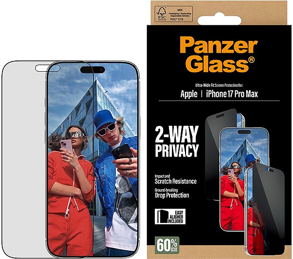Glass Screen Protector PanzerGlass Privacy Apple iPhone 17 Pro Max with installation frame ...