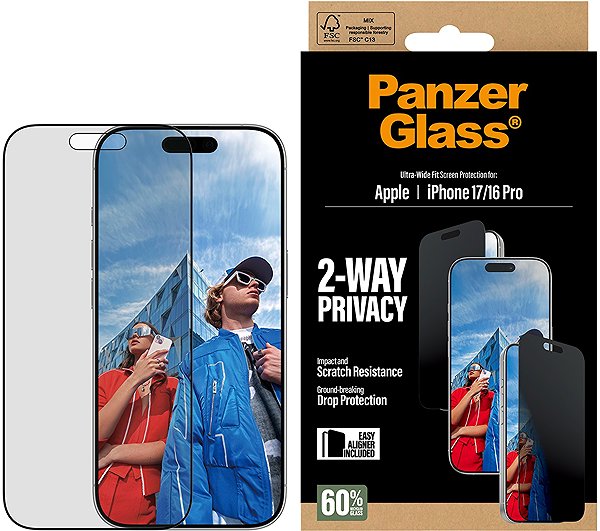 Glass Screen Protector PanzerGlass Privacy Apple iPhone 17/16 Pro with installation frame ...