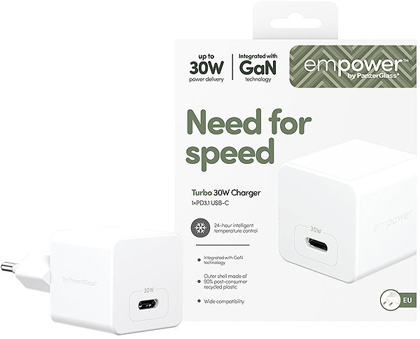Wall Charger PanzerGlass Empower Turbo GaN 30 W 1x USB-C charger, white ...