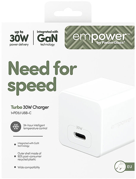 Wall Charger PanzerGlass Empower Turbo GaN 30 W 1x USB-C charger, white ...