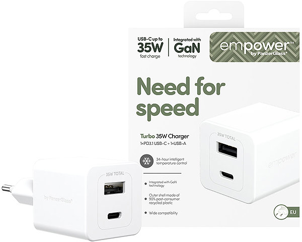 Wall Charger PanzerGlass Empower Charger Turbo GaN 35 W 1x USB-C + 1x USB-A, white ...