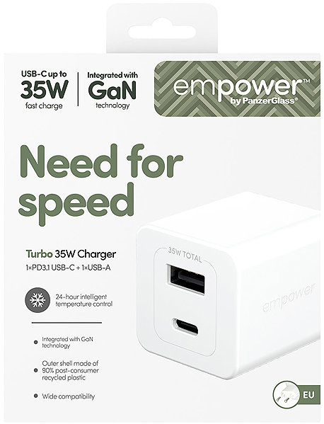 Wall Charger PanzerGlass Empower Charger Turbo GaN 35 W 1x USB-C + 1x USB-A, white ...