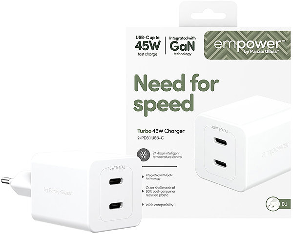Wall Charger PanzerGlass Empower Charger Turbo GaN 45 W 2x USB-C, white ...