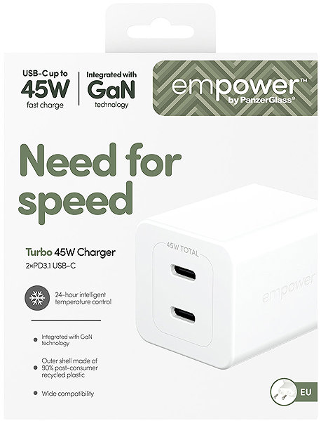 Wall Charger PanzerGlass Empower Charger Turbo GaN 45 W 2x USB-C, white ...