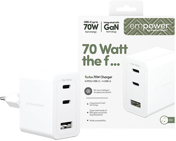 Wall Charger PanzerGlass Empower Turbo GaN 70 W charger 2x USB-C + 1x USB-A, white ...