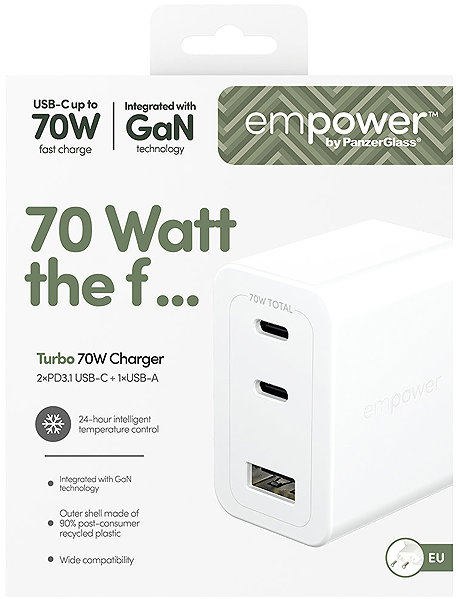 Wall Charger PanzerGlass Empower Turbo GaN 70 W charger 2x USB-C + 1x USB-A, white ...