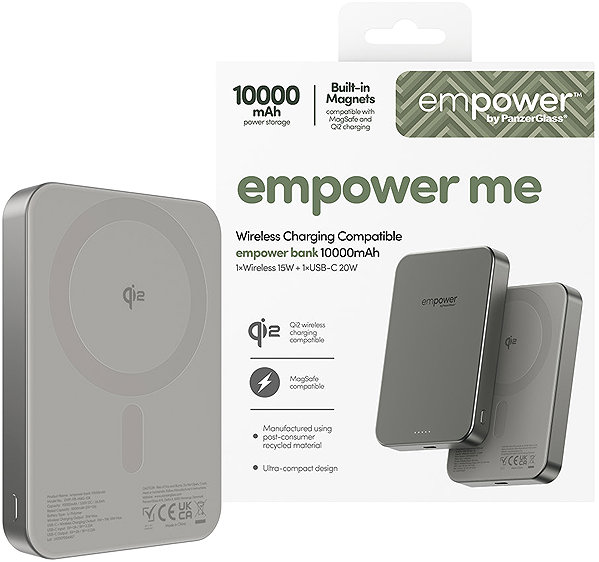 Power Bank PanzerGlass Empower wireless Qi2 powerbank 10000 mAh, MagSafe, grey, hlic body ...