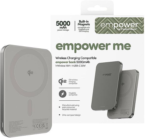 Power Bank PanzerGlass Empower wireless Qi2 powerbank 5000 mAh, MagSafe, grey, hlicky body ...