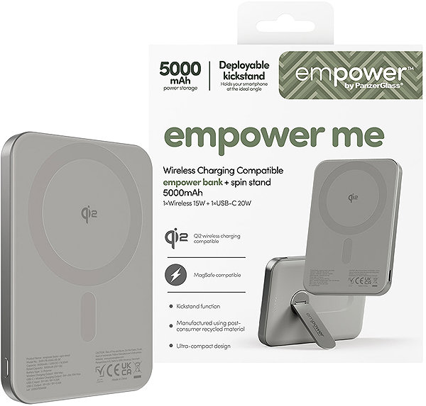 Power Bank PanzerGlass Empower Wireless Qi2 Powerbank 5000 mAh, MagSafe, with 360° swivel stand, grey ...