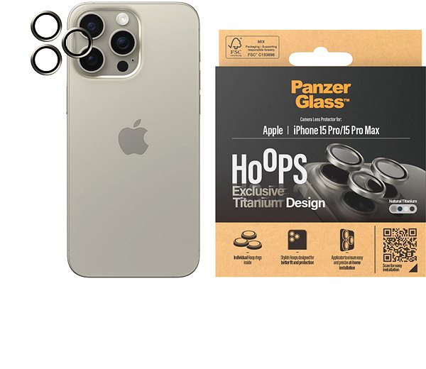Ochranné sklo na objektív PanzerGlass HoOps Apple iPhone 15 Pro/15 Pro Max – krúžky na šošovky fotoaparátu – prírodný titan ...
