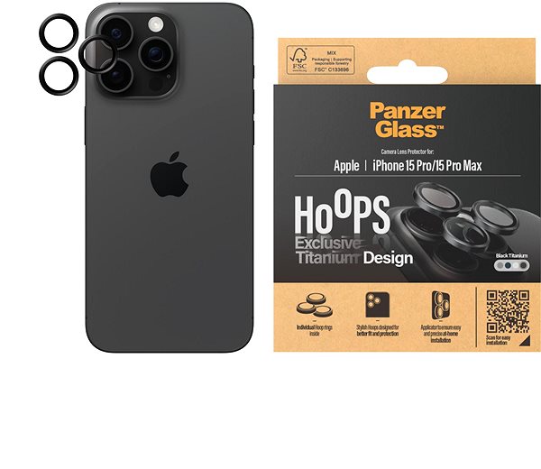 Ochranné sklo na objektív PanzerGlass HoOps Apple iPhone 15 Pro/15 Pro Max–- krúžky na šošovky fotoaparátu – čierny titan ...