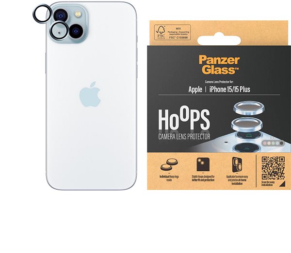 Ochranné sklo na objektív PanzerGlass HoOps Apple iPhone 15/15 Plus – krúžky na šošovky fotoaparátu – modrý hliník ...