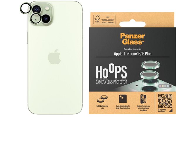 Ochranné sklo na objektív PanzerGlass HoOps Apple iPhone 15/15 Plus – krúžky na šošovky fotoaparátu – zelený hliník ...