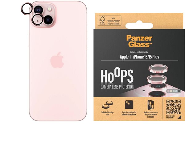 Ochranné sklo na objektív PanzerGlass HoOps Apple iPhone 15/15 Plus – krúžky na šošovky fotoaparátu – ružový hliník ...