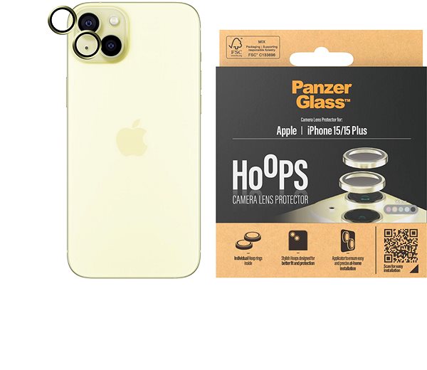 Ochranné sklo na objektív PanzerGlass HoOps Apple iPhone 15/15 Plus – krúžky na šošovky fotoaparátu – žltý hliník ...