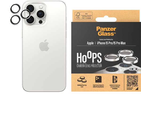 Ochranné sklo na objektív PanzerGlass HoOps Apple iPhone 15 Pro/15 Pro Max – krúžky na šošovky fotoaparátu – biely hliník ...