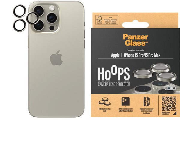 Kamera védő fólia PanzerGlass HoOps Apple iPhone 15 Pro/15 Pro Max kamera védő gyűrű - natúr alumínium ...