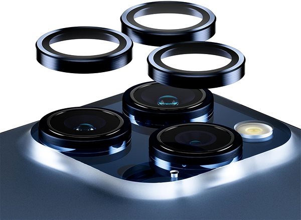 Ochranné sklo na objektív PanzerGlass HoOps Apple iPhone 15 Pro/15 Pro Max–- krúžky na šošovky fotoaparátu – modrý hliník ...