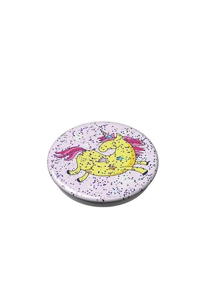 Phone Holder PopSockets PopGrip Gen.2, Glitter Jumping Unicorn, Yellow Unicorn on a Pink Background with Glitter Lifestyle