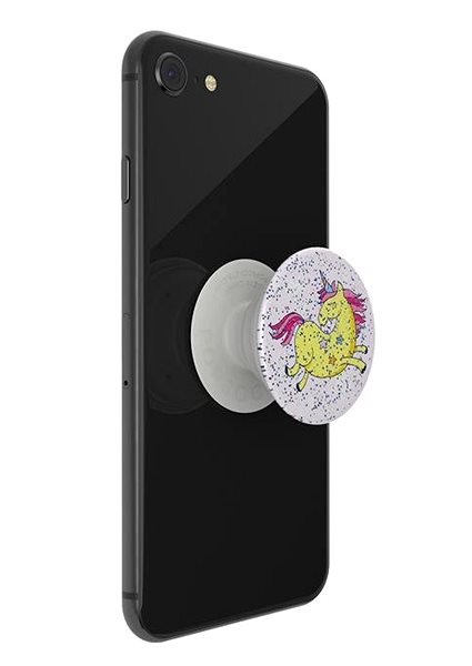 Telefontartó PopSockets PopGrip Gen.2, Glitter Jumping Unicorn, sárga egyszarvú, rózsaszín háttérrel, csillámokkal Jellemzők/technológia