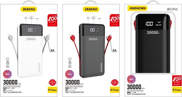 Powerbank Dudao K1Max 30 000 mAh, 2× USB + kábel Lightning / USB-C / Micro USB, biela ...