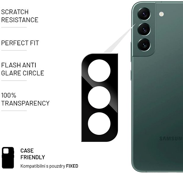 Kamera védő fólia FIXED Lens-Cover Flash Anti Glare Circle-lel Samsung Galaxy S22 5G/S22+ 5G készülékhez Jellemzők/technológia